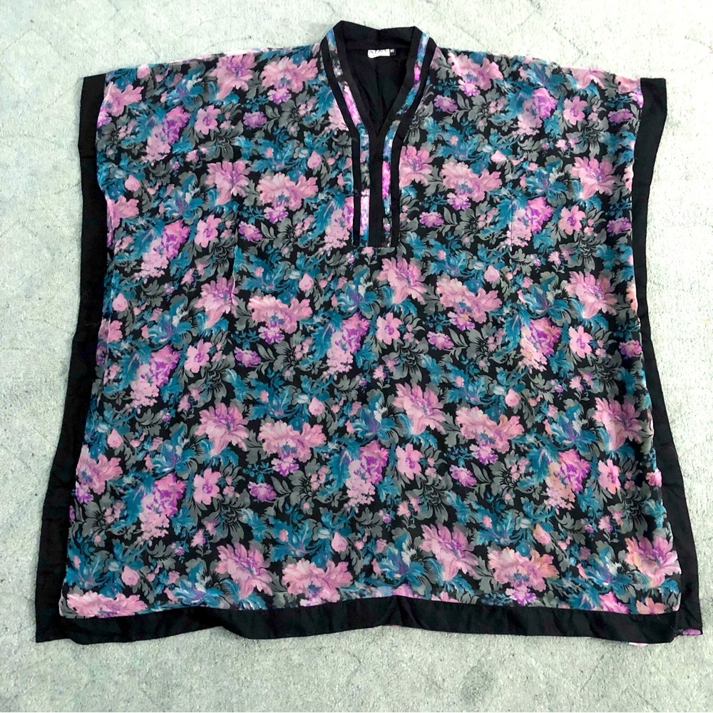 Nisha Fashion Short Kaftan Top Floral Print Chiffon & Cotton Size XS Black/Multi